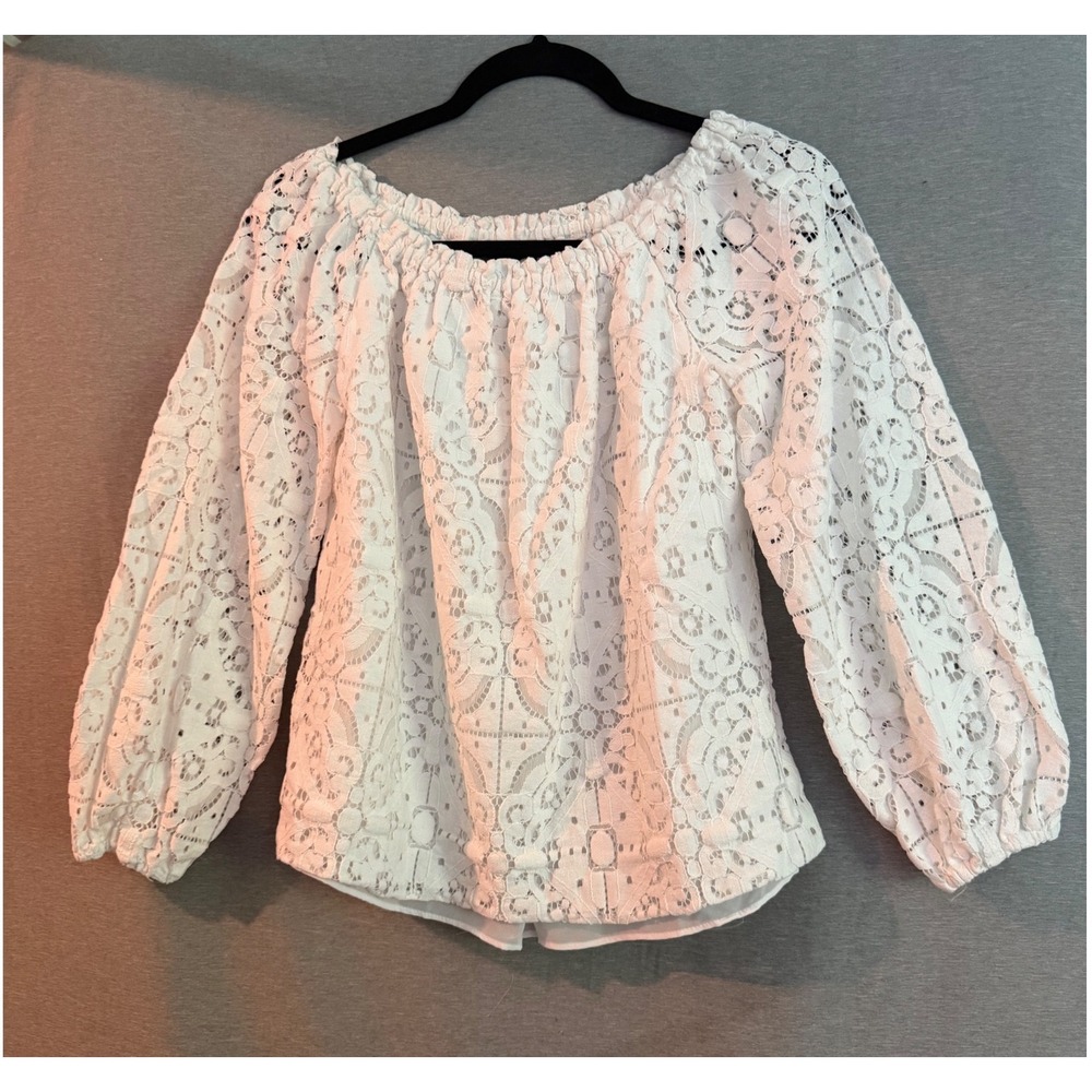 WHBM Lace Blouse Women M White Off Shoulder Balloon Sleeve Tope